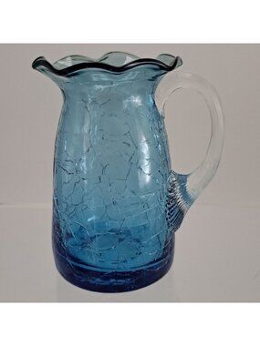 Pilgrim Blue Crackle Glass Pitcher Clear Ribbed Applied Handle